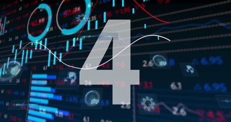 Numbers countdown against stock market data processing on blue background