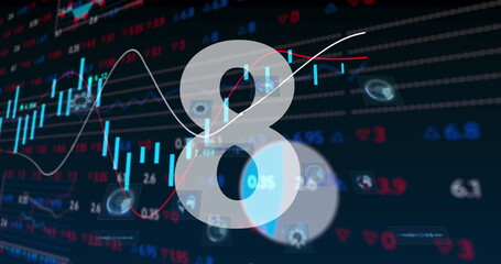 Numbers countdown against stock market data processing on blue background
