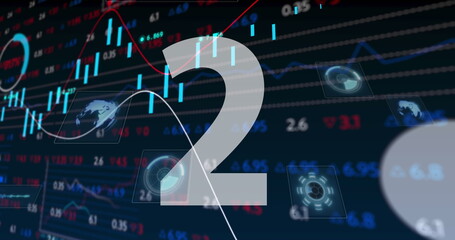 Numbers countdown against stock market data processing on blue background