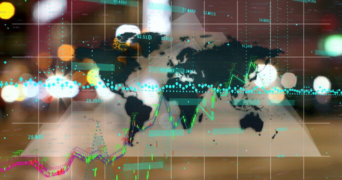 Financial data processing over world map against people walking