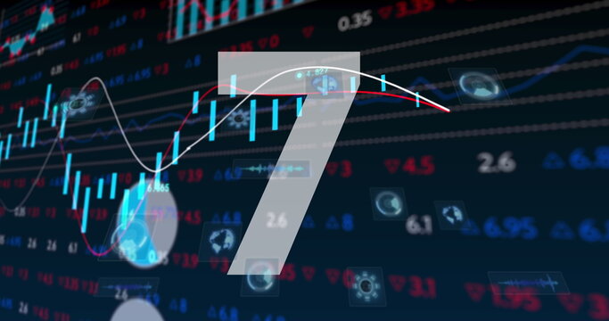 Numbers countdown against stock market data processing on blue background