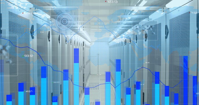 Statistical data processing and round scanners over world map against empty computer server room