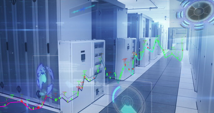 Financial data processing and round scanners against empty computer server room