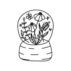 Single hand drawn snow globes decorated with flowers and leaves. Doodle vector illustration. Isolated on a white background.
