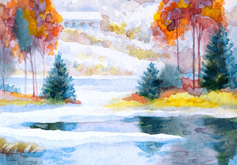 A city on the shore of a winter lake. Watercolor landscape