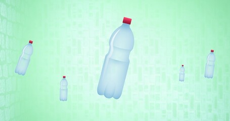 Composition of multiple plastic bottles over green background on