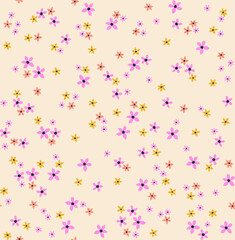 Spring flowers print. Vector seamless floral pattern. Plant design for fashion prints. Endless print made of small purple and yellow flowers. Elegant template. Ecru background. Stock vector.