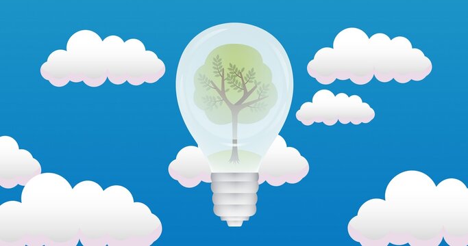 Composition of tree in light bulb over blue sky and clouds background