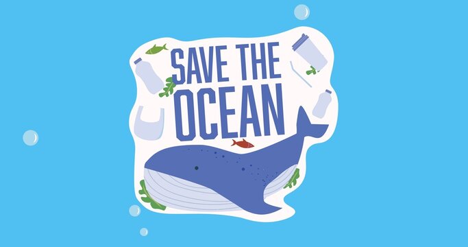 Composition of save the ocean text with whale logo over blue background with bubbles
