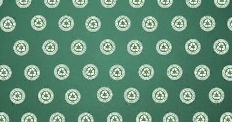 Composition of multiple recycling text and logos over dark green background