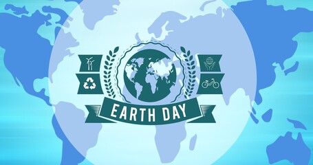 Composition of earth day text and green globe logo over world map background