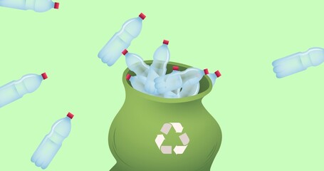 Composition of plastic bottles in recycling sack over green background