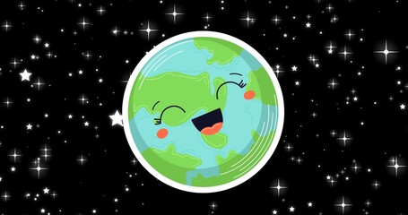 Composition of laughing globe on starry night sky background