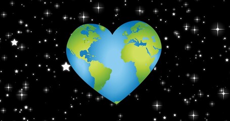 Composition of heart shaped globe on starry night sky background