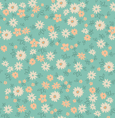 Beautiful floral pattern in small chamomile flowers. Small pastel flowers. Pastel turquoise background. Ditsy print. Floral seamless background. The elegant the template for fashion prints. Stock 