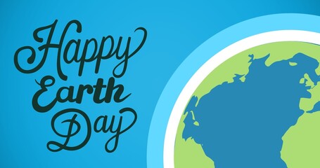 Naklejka na ściany i meble Composition of happy earth day text and globe over blue background
