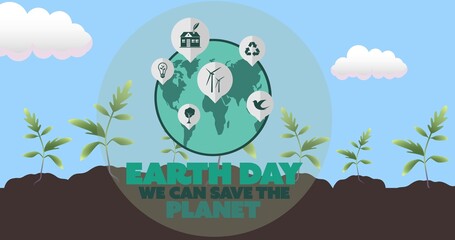 Composition of earth day text and green globe logo over growing plants, blue sky and clouds