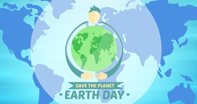 Composition of earth day text and green globe logo over world map