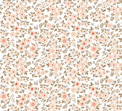 Beautiful floral pattern in small abstract flowers. Small ivory flowers. White background. Ditsy print. Floral seamless background. The elegant the template for fashion prints. Stock pattern.