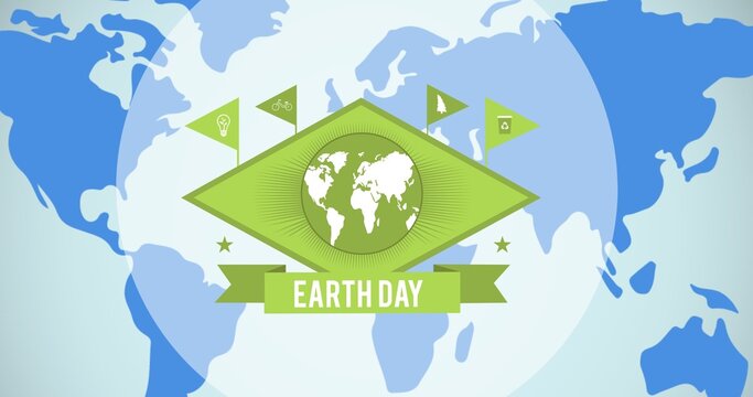 Composition of earth day text and green globe logo over world map background
