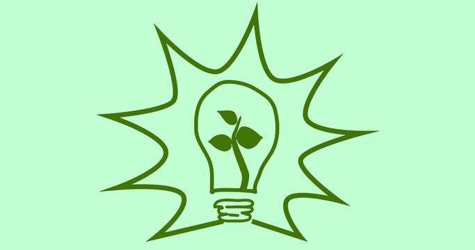 Composition of plant light bulb logo over green background