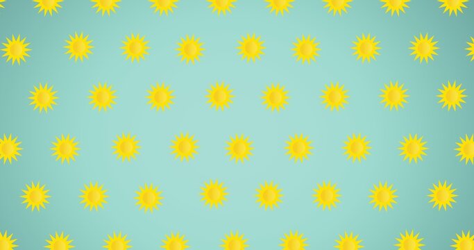 Composition Of Multiple Suns Repeated In Grid Over Green Background