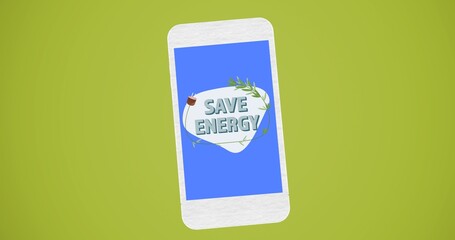 Composition of save energy text and plant plug logo on blue smartphone screen, over green background
