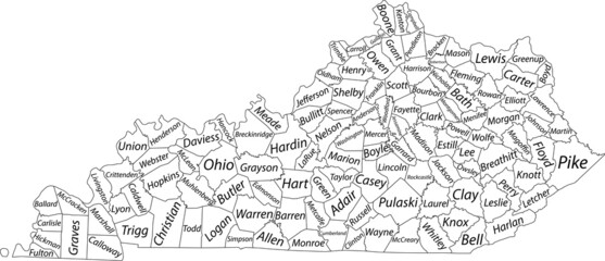 Fototapeta premium White vector map of the Federal State of Kentucky, USA with black borders and names of its counties