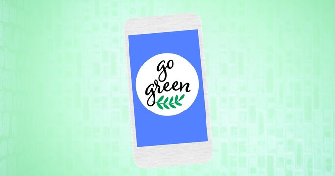 Composition of go green text and leaf logo on blue smartphone screen, over pale green background