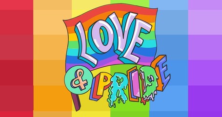 Obraz premium Lgbtq flag with love and pride text over rainbow stripes background