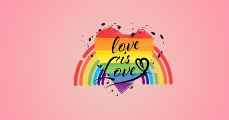 Love is love text over rainbow heart on pink background