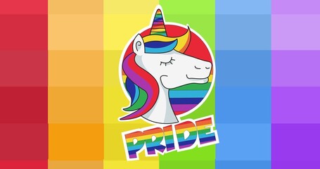Pride text and unicorn over rainbow stripes background © vectorfusionart