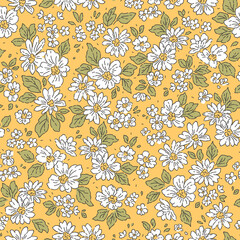 Vintage floral background. Floral pattern with small white flowers on a yellow mustard background. Seamless pattern for design and fashion prints. Ditsy style. Stock vector illustration.