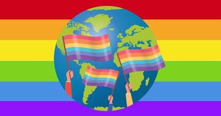 People holding rainbow flags over globe over rainbow stripes