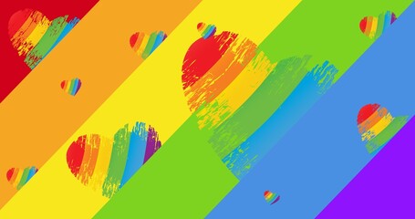 Fototapeta premium Rainbow hearts over rainbow stripes background