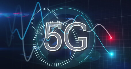 Image of 5g text with scopes spinning over lines financial data processing