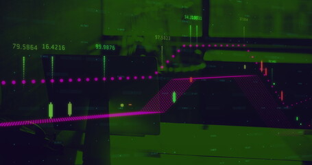 Digital composite image of financial data processing against empty office