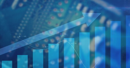 Multiple changing numbers floating over statistical data processing on blue background