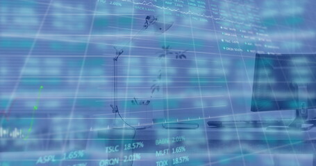Digital composite image of financial data processing against empty office desk