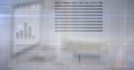 Digital composite image of statistical data processing against computer at office desk
