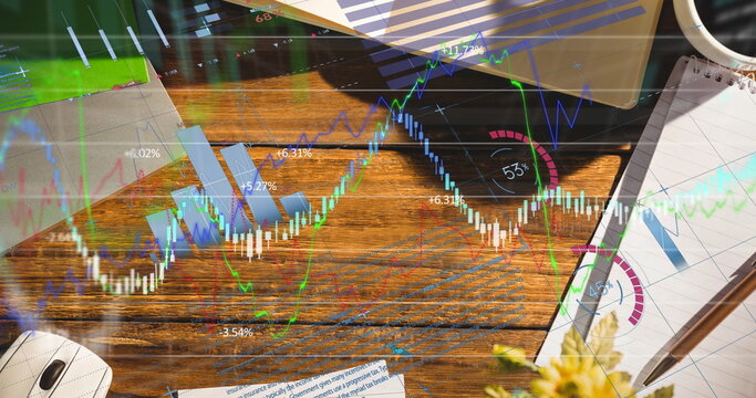 Digital composite image of financial data processing office equipment on office desk