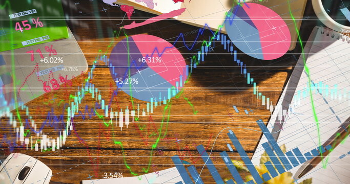 Digital composite image of financial data processing office equipment on office desk