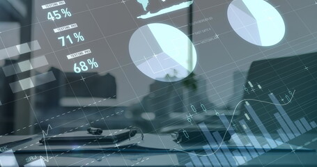 Digital composite image of statistical and financial data processing against empty office