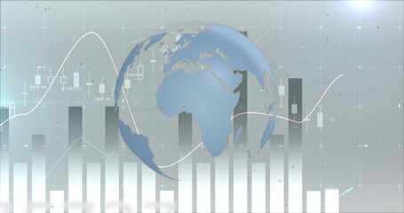 Multiple changing numbers over spinning against statistical data processing on grey background