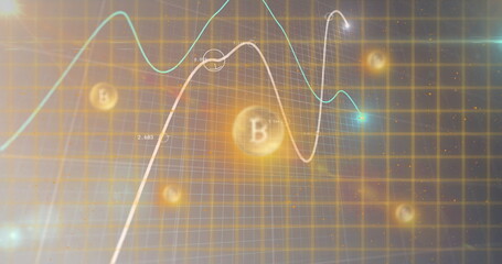 Multiple bubbles floating and graphs moving over grid network against bitcoin symbol in space
