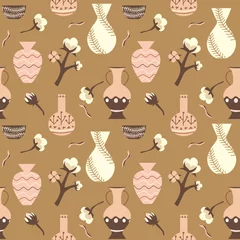 Tuinposter Seamless pattern with ceramic and pottery. Trendy design for wallpaper, textile design, packing, fabric. Vintage classical design, clay decor. Earthy colors © Christina