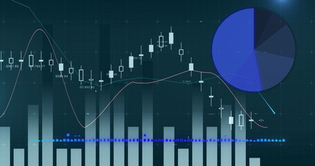 Digital image of financial and statistical data processing against green background
