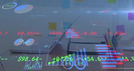 Digital composite image of statistical data processing against office equipment on desk