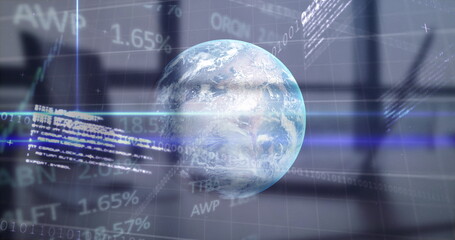 Image of financial data processing over globe