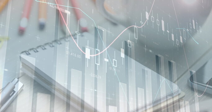 Digital composite image of statistical data processing against office equipment on desk - Powered by Adobe